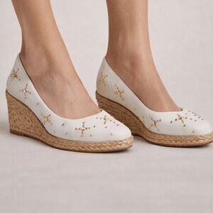 Stuart Weitzman Vintage White Leather Espadrille Wedges Stars Women’s Size 7.5